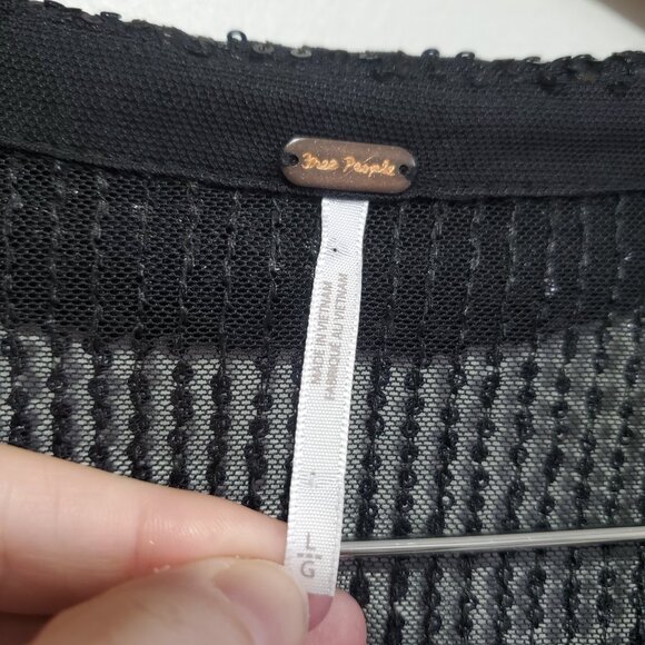 FREE PEOPLE Sequin Shirtee Button Up Blouse Top Ruched Sheer Black Women's Large - Picture 9 of 12